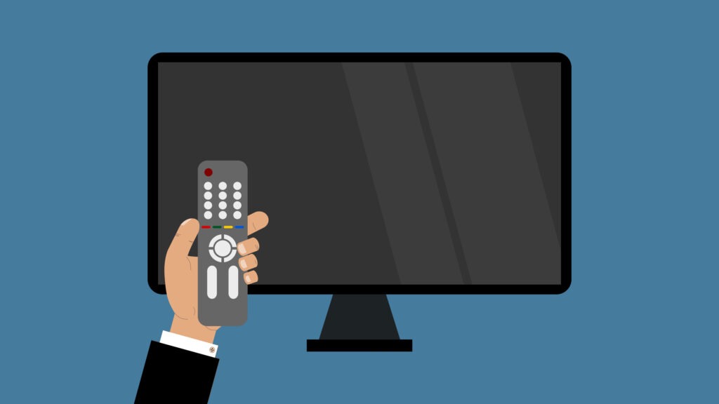 Television screen and remote controller, businessman holding remote controller in front of a TV