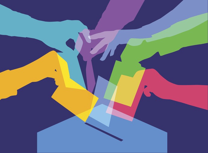 Colorful overlapping silhouettes of people voting.