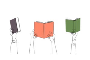 Group of raised people hands holding books.